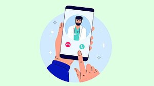 The patient makes a video call to the doctor on the smartphone. Medical worker with a stethoscope holds clipboard. Remote appointment. Telemedicine concept. Prescription online