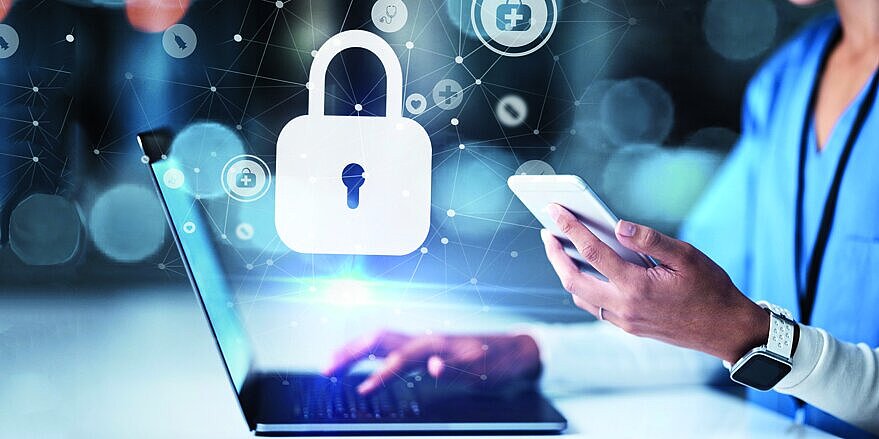 Nurse, hands or technology on medical cybersecurity lock, life insurance or healthcare data safety on internet app. Zoom, doctor or futuristic hologram on laptop, phone or night support in woman help