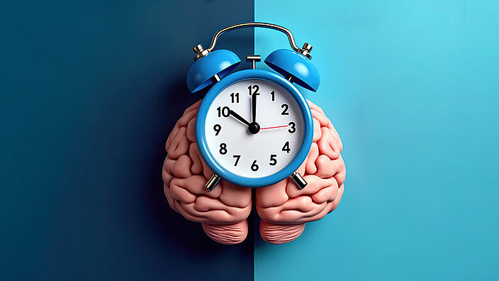 Ein Gehirn auf blauem Grund. Darüber ist ein Wecker gelegt.