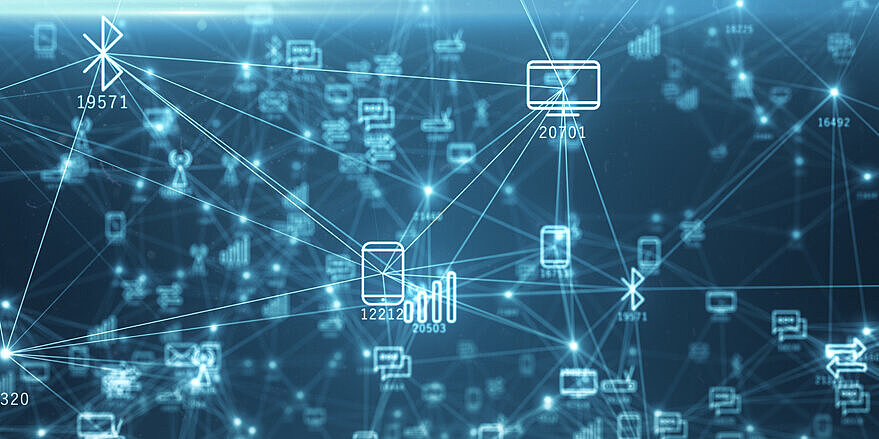 Abstract network of physical devices on the Internet using a network connection with statistics numbers 3d illustration