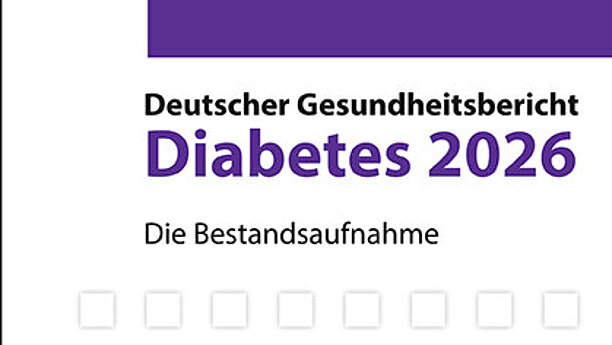Coverbild des Gesundheitsbericht Diabetes 2026: Abgebildet sind Kästchen/Würfel iund in Lila der Titel des Werks